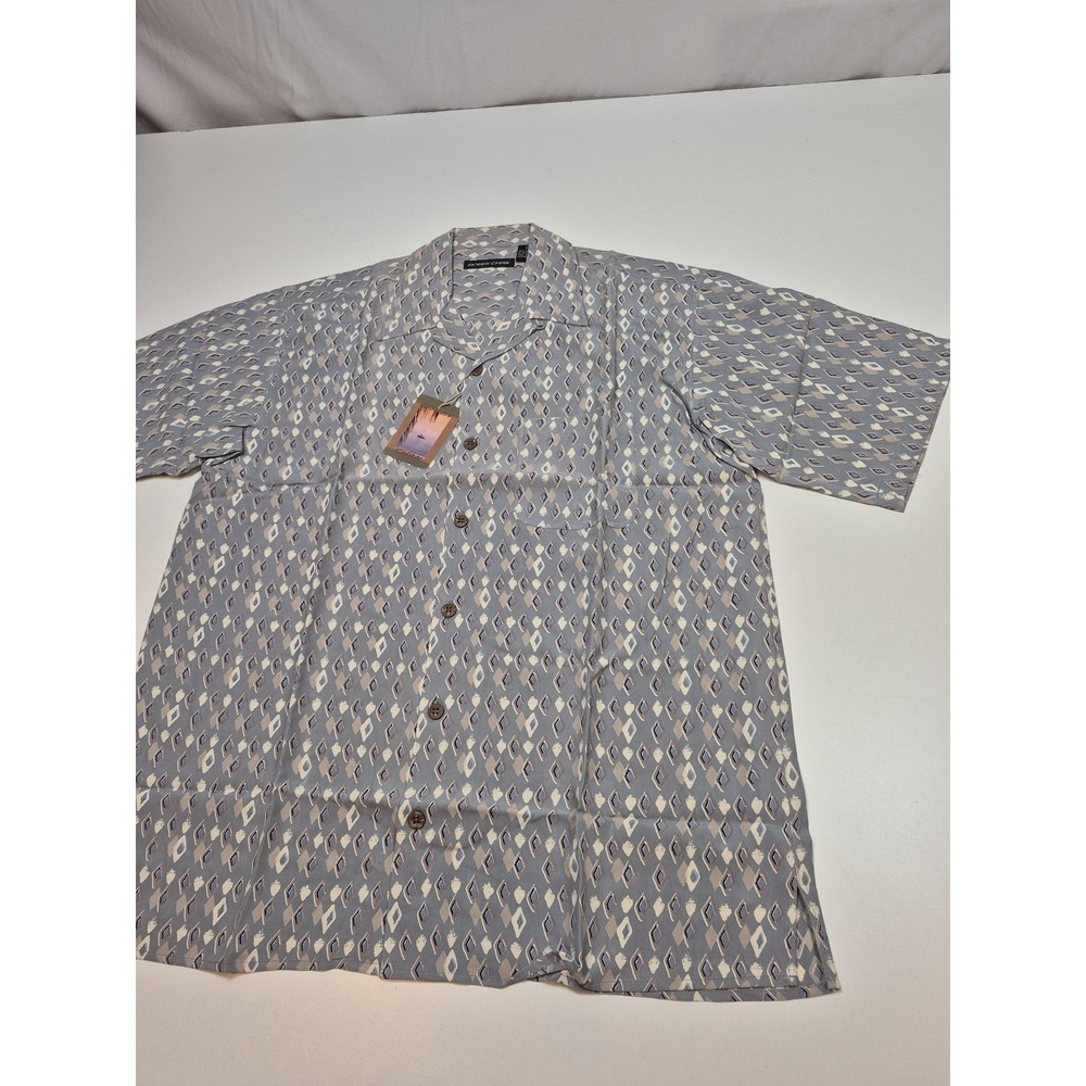 Bobby Chan Shirt Mens L Blue Geometric Washable Silk Button Up Short Sleeve
